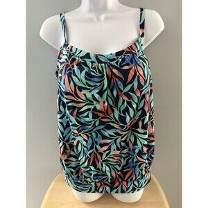 Lands End Swim Top Size 12 Blue Green Leaf Blouson Tummy Hiding Tankini